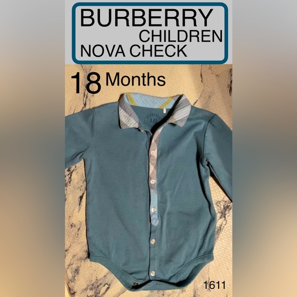 BURBERRY Teal Nova Check L/S Button Down Onsie⭐️WOW⭐️Rare Color/Like NEW🔥18 Mo